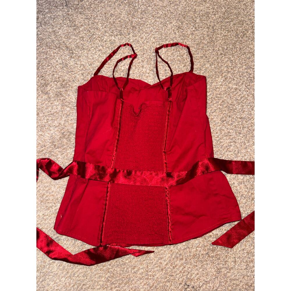 bebe Red Satin Corset Top Y2K Ruched Cami Tie Back Bustier Tank Medium - Picture 12 of 12